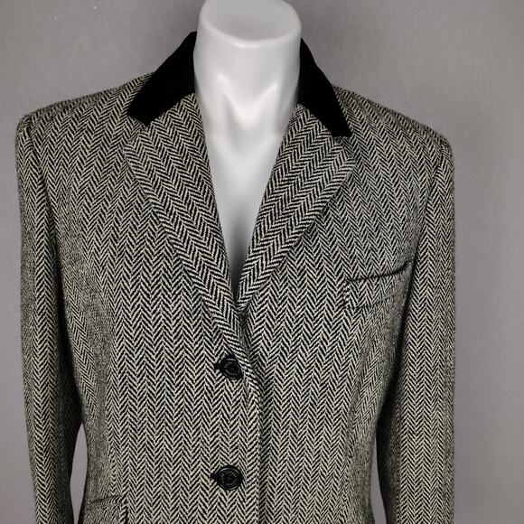 Ralph Lauren Herringbone Tweed Blazer 90% Wool Velvet Collar Sz 14 - Picture 10 of 14
